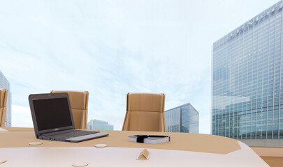 Conference office interior, laptop, notepad and pen. Business and technology concept. 3d illustration.