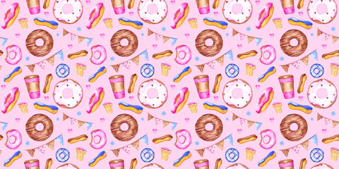 Bakery seamless pattern on a pink background. Donuts, cupcakes, coffee cups, eclairs, and garlands on an endless print. Watercolor doughnut illustrations. Dessert wallpaper. Birthday backdrop.