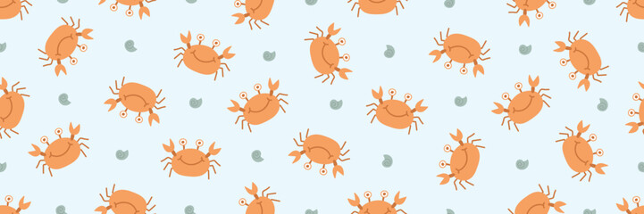 Fototapeta premium Crab and shell sea life ocean cartoon doodle pattern