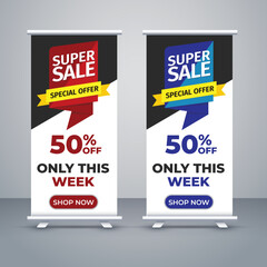 Modern roll-up banner design with super price discount offer tag and special 50 percent deal off with Red, yellow-blue abstract design