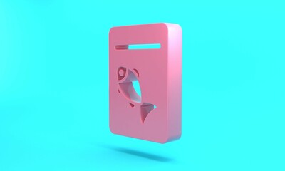 Pink Served fish on plate icon isolated on turquoise blue background. Minimalism concept. 3D render illustration
