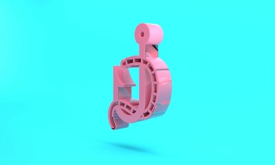 Pink Fishing hook and worm icon isolated on turquoise blue background. Fishing tackle. Minimalism concept. 3D render illustration