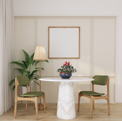 3d rendering home interior dining room with green wood chair,white marble round tabl,floor light ,red and white flower in blue ceramic vase plant,wood floor and empty wooden frame on decorated classic
