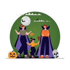 Family doing Halloween costume party illustration concept