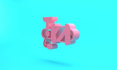 Pink Spinning reel for fishing icon isolated on turquoise blue background. Fishing coil. Fishing tackle. Minimalism concept. 3D render illustration