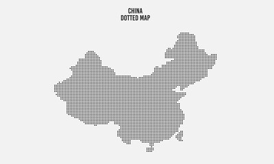 Black halftone dotted china map vector illustration on light grey background