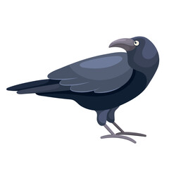 Cartoon black crow in flat style. Old sitting raven for a spooky festive Halloween design. Cute colorful city bird. Common European bird. Simple icon. Picture for educational children's book.