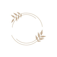 Vector floral logo template in elegant and minimal style with gold color on gray background illustration. Circle logo frame. For badges, labels, logos and branding business identities.