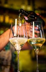 bartender pouring white wine into a glass in cafe or bar