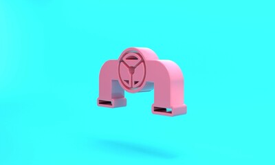 Pink Oil pipe with valve icon isolated on turquoise blue background. Minimalism concept. 3D render illustration