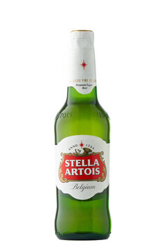 Saint-Petesburg - August 30, 2022: Bottle of Stella Artois beer isolated on white background, green glass bottle