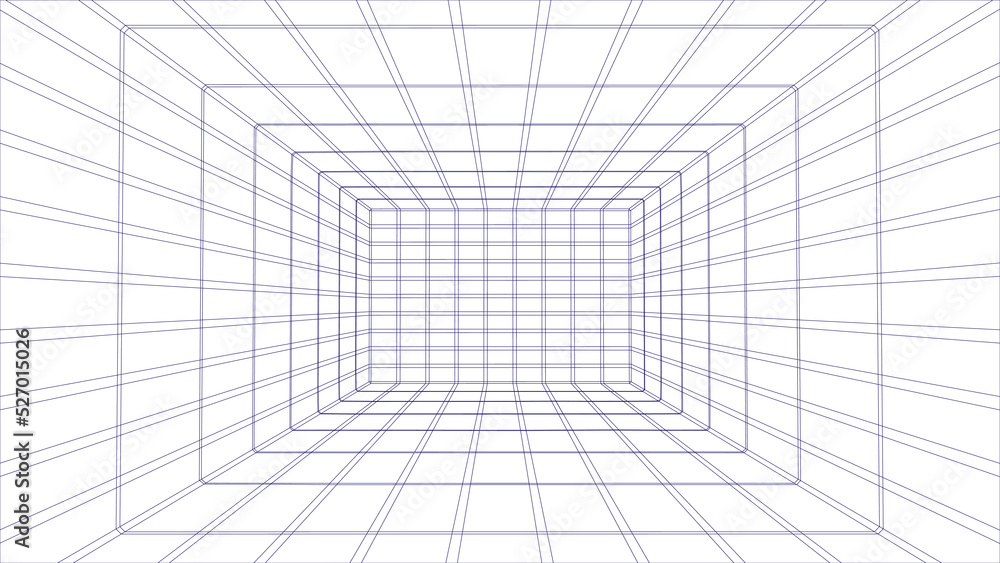 Poster wireframe room on white background. digital vector perspective grid box for design.