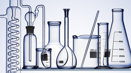 Glass chemistry lab equipment on blue background. Chemistry Lab concept. 3d  - obrazy, fototapety, plakaty