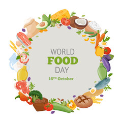 Fototapeta premium World Food Day. Different fresh food on banner or greeting card. Vector illustration