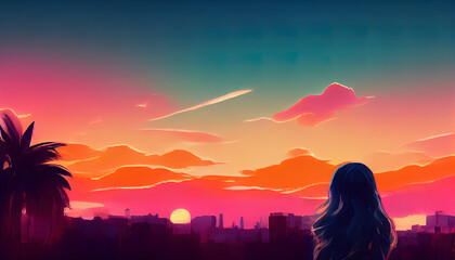 Fototapeta premium A sad girl looking into the distance at sunset. Emotional, depressing, happy feelings. Colorful sunrise sky. Beautiful pretty girl thinking. Deperessed, moody, lofi girl. Summer night. Painting.