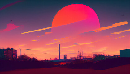 Sunset over a city. Digital painting, calm, soothing, relaxing beautiful landscape. Orange sunrise. Cartoon, anime drawing. Empty background. Sad, happy feeling.
