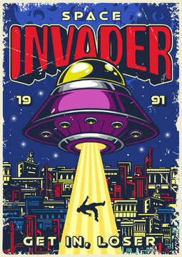 Space invader colorful flyer vintage