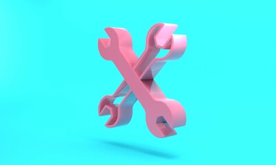Pink Wrench spanner icon isolated on turquoise blue background. Spanner repair tool. Service tool symbol. Minimalism concept. 3D render illustration