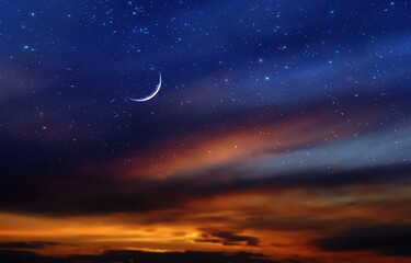 Naklejka na ściany i meble night dramatic sunset and moon on starry sky star fall wind on blue lilac nebula with planet flares universe weather forecast