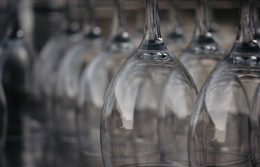 A lot of empty wine glasses. Row of clean glass transparent glasses are on a table on banquet in a bar, cafe, restaurant Crystal kitchenware for drinks - wine, champagne, alcohol drink selective focus