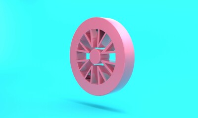 Pink Alloy wheel for car icon isolated on turquoise blue background. Minimalism concept. 3D render illustration