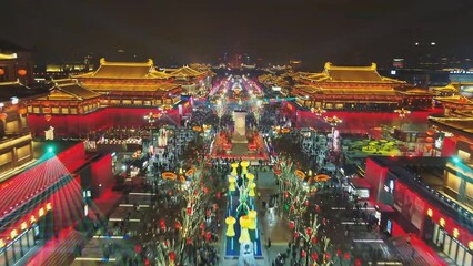 Beautiful xian cityscape in nightfall, the big wild goose pagoda was ablaze with lights, a famous tourist destination in China (aerial photography)