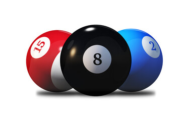 PNG Graphic of Three Billiard Balls 3D Render Isolated - obrazy, fototapety, plakaty