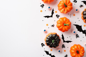 Top view photo of halloween party accessories pumpkins creepy eyeballs bats skull crossed bones silhouettes spiders and confetti on isolated white background with copyspace