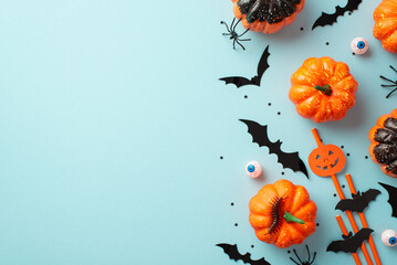 Halloween concept. Top view photo of pumpkins bat silhouettes insects spiders centipede spooky...