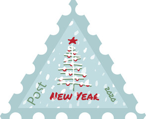 Postage Stamp Modern sketch with trendy stylized Christmas tree Isolated on background for winter holiday decoration design. Snowy forest. Vintage style, flat color Abstract graphic