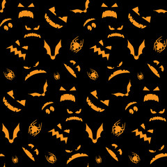 Seamless background with bats, spiders and jack o lanterns, carved luminous muzzle of a pumpkins for Halloween on a black background