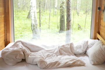 A house with a window view of the forest. Outdoor recreation. Morning. Glamping. Meditation. Alone with nature