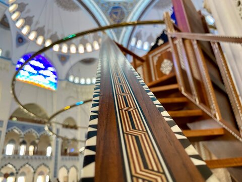 Ancient looking stairs in mosque. Domes and indoor of the mosque. Design details. 