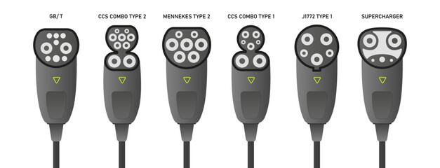 Connectors for electric vehicles. Charger Plug Types. Sockets for charging electric vehicles and hybrid vehicles with the name. Types of plug connectors for the charging station. A set of basic connec