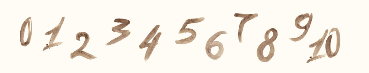 A set of numbers from 0 to 10, handwritten, isolated on a light background. The brownish tint resembles the texture of coffee