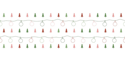 Horizontal border with cute colourful geometric Christmas trees and balls on strings. Abstract seamless vector pattern for wrapping paper, interior decoration and stationary.
