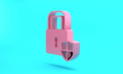 Pink Shield security with lock icon isolated on turquoise blue background. Protection, safety, password security. Firewall access privacy sign. Minimalism concept. 3D render illustration