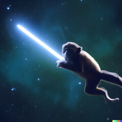 Fototapeta na wymiar Cool monkey in space with lightsaber