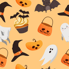 Happy Halloween scary elements seamless pattern. Vector holiday set of spooky cartoon illustrations. Trick or treat design concept. Pumpkin, hat, cupcake, ghost, bat isolated on background