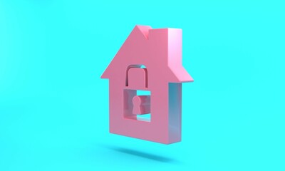 Fototapeta na wymiar Pink House under protection icon isolated on turquoise blue background. Home and lock. Protection, safety, security, protect, defense concept. Minimalism concept. 3D render illustration