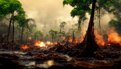 illustration destruction of the rainforest - obrazy, fototapety, plakaty