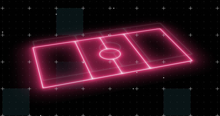 Image of plus signs over computer graphic 3d neon soccer field on digital interface