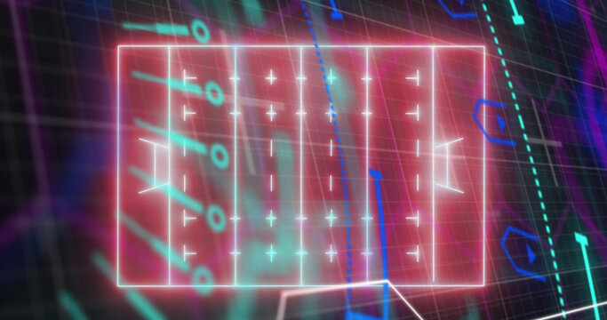 Image of 3d neon soccer field with plus, minus signs over hud processing on digital interface