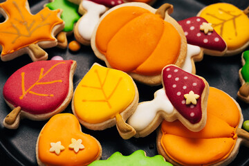 Mixture of sweet autumn cookies treats. Close up macro shot