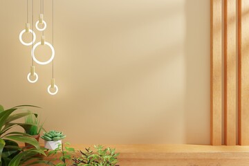 Home empty wall background and wooden surface with plants