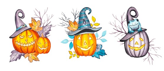 Set of watercolor pumpkins for halloween