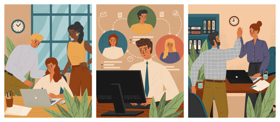 Happy colleagues work together in office. Business teamwork vector posters set. Colleagues congratulate with promotion. Online video call and business meeting
