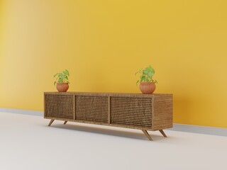 Modern cabinet in empty living room with yellow wall background 3d rendering