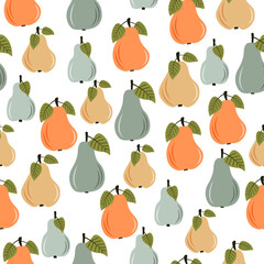Fruity seamless pattern with orange and pears and spots on a white background. Vector background for paper, cover, fabric, gift wrapping, wall art.