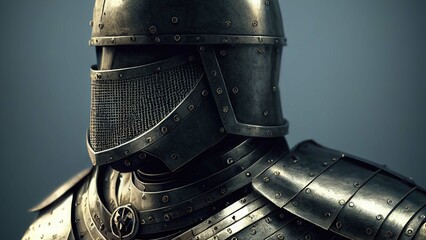 3 D illustration. Knight in shining armor. Detail metal helmets. Medieval warrior.